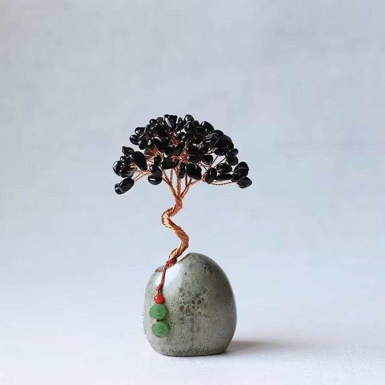Natural Amethyst Citrine Crystal Money Tree Ornament, Handmade Copper Wire Fortune Tree with Ceramic Base, Mini Desk Decor for Home Office Tea Table, Lucky Wealth Feng Shui Gift