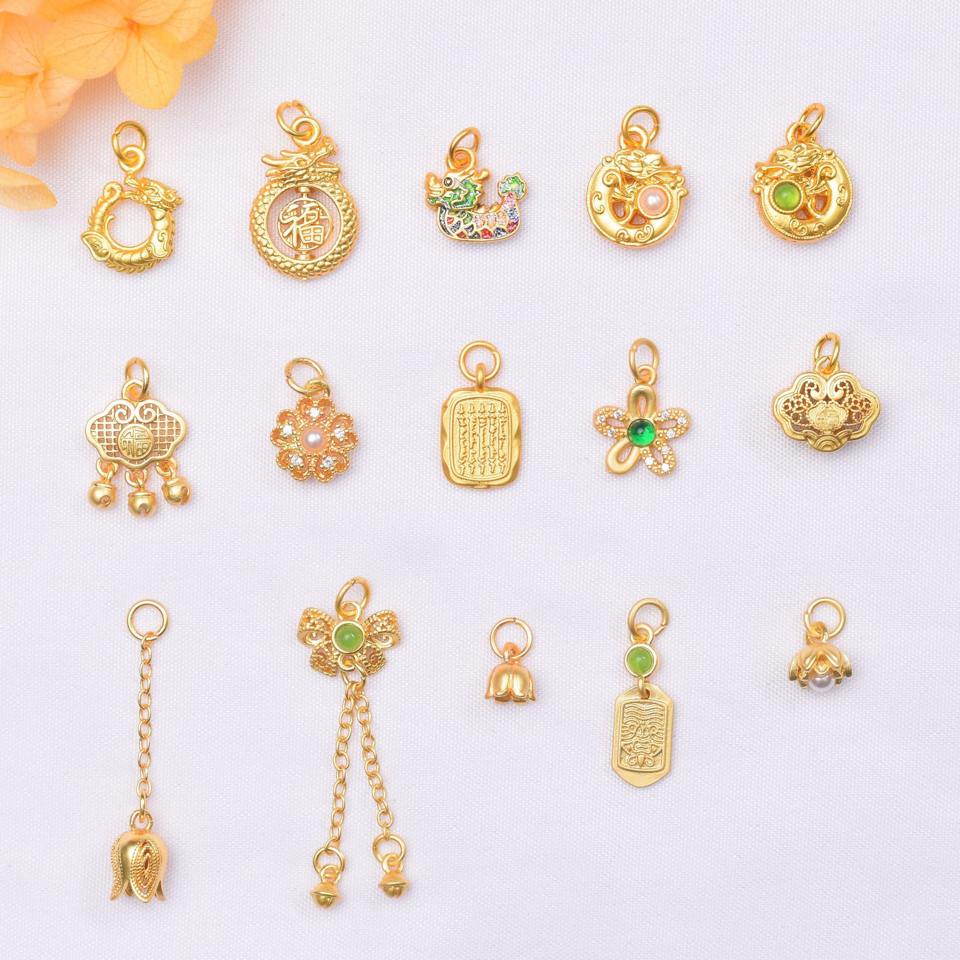 Wholesale Anti-Tarnish Ancient Gold Enamel Dragon Charms, 15 Styles Zodiac Dragon/Ping An Lock/Lotus Tassel Drop Pendants Pack of 10 for DIY Bracelet Necklace Jewelry Making Findings