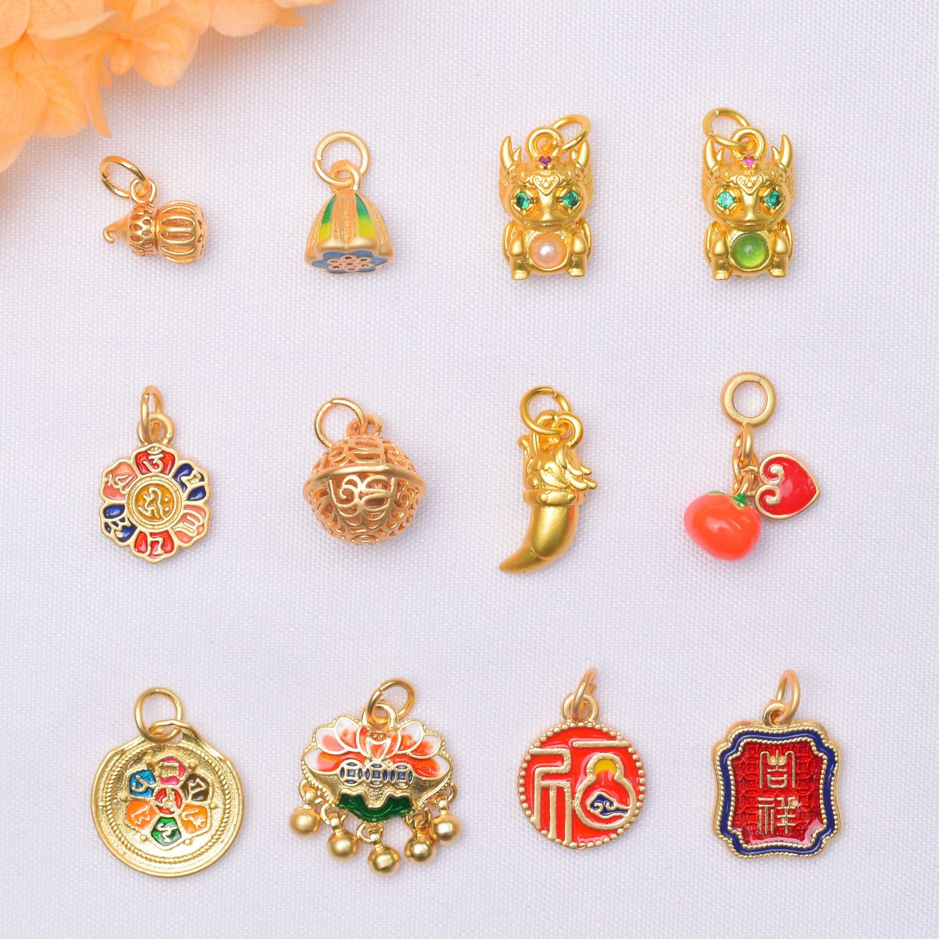 Wholesale Anti-Tarnish Ancient Gold Enamel Dangle Charms, 12 Styles Dragon Pixiu/Lotus/Fu Blessing Small Pendants Pack of 10 for DIY Bracelet Necklace Jewelry Making Findings