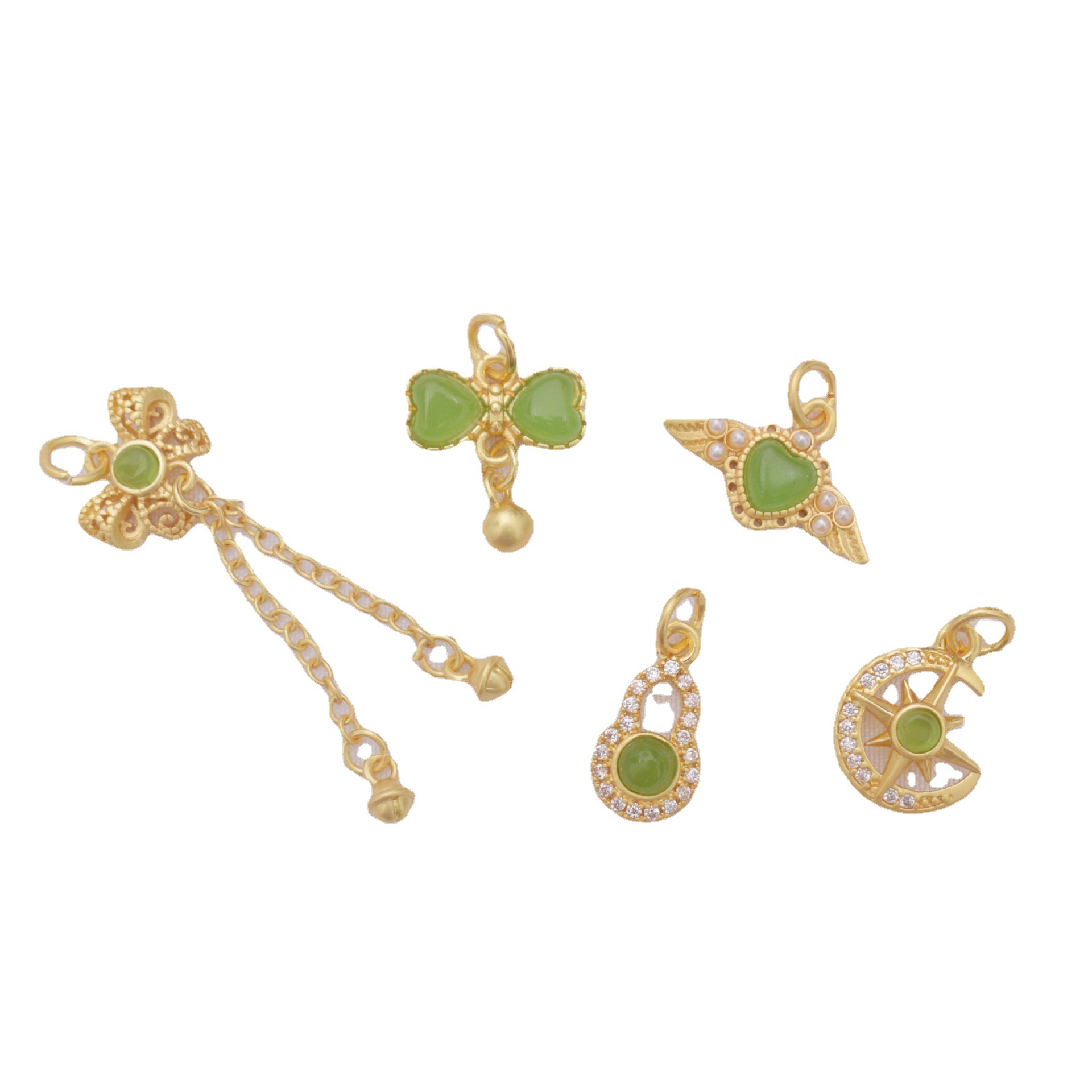 Wholesale Anti-Tarnish Ancient Gold Inlaid Green Jade Drop Dangle Charms, 12 Styles Lucky Rabbit/Butterfly/Moon/Gourd Pendants Pack of 10 for DIY Bracelet Necklace Jewelry Making Findings