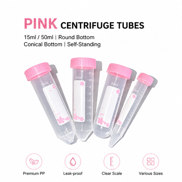 15mL 50mL Pink Centrifuge Tubes | Sterile PP Sample Tubes, RNase DNase Free Conical Bottom Laboratory Tubes