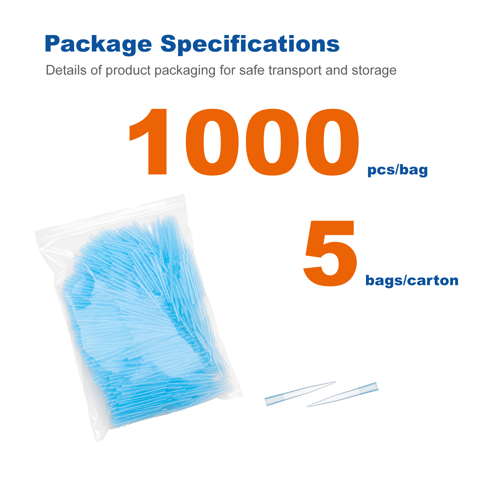 1000μL Pipette Tips, Blue, Bulk Pack, 1000 Tips/Bag, 5 Bags/Case for PCR and Laboratory Liquid Handling