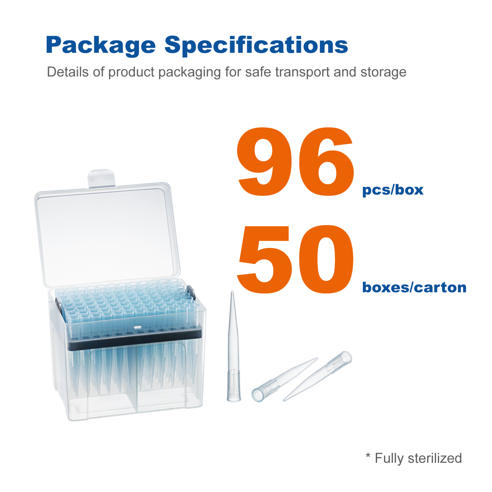 1000μL Sterile Low Retention Pipette Tips, Blue, 96 Tips/Box, 50 Boxes/Case for PCR and Laboratory Liquid Handling