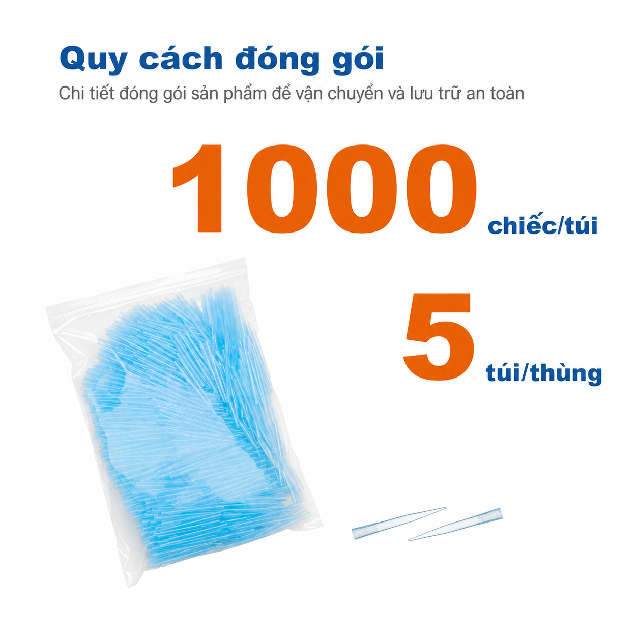 Đầu tip pipet đóng gói rời 1000 µL | Màu xanh, 1000 tip/túi, 5 túi/thùng