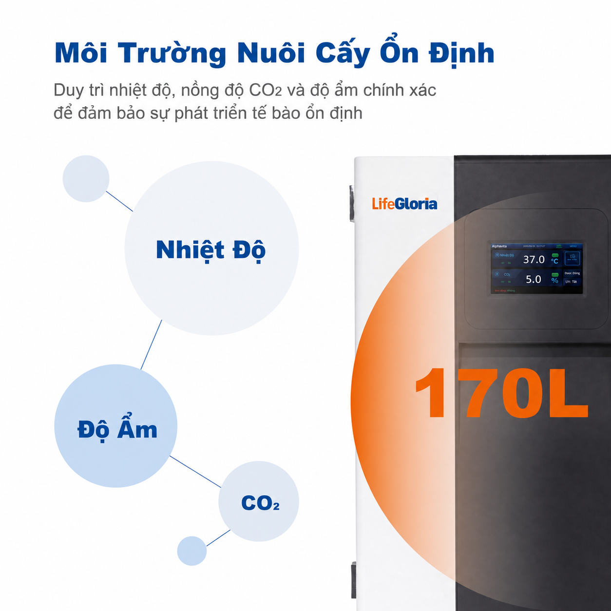 Tủ ấm CO2 170L và 240L với buồng SUS304 | Tủ ấm nuôi cấy tế bào màn hình cảm ứng, kiểm soát chính xác nhiệt độ, CO2 và độ ẩm
