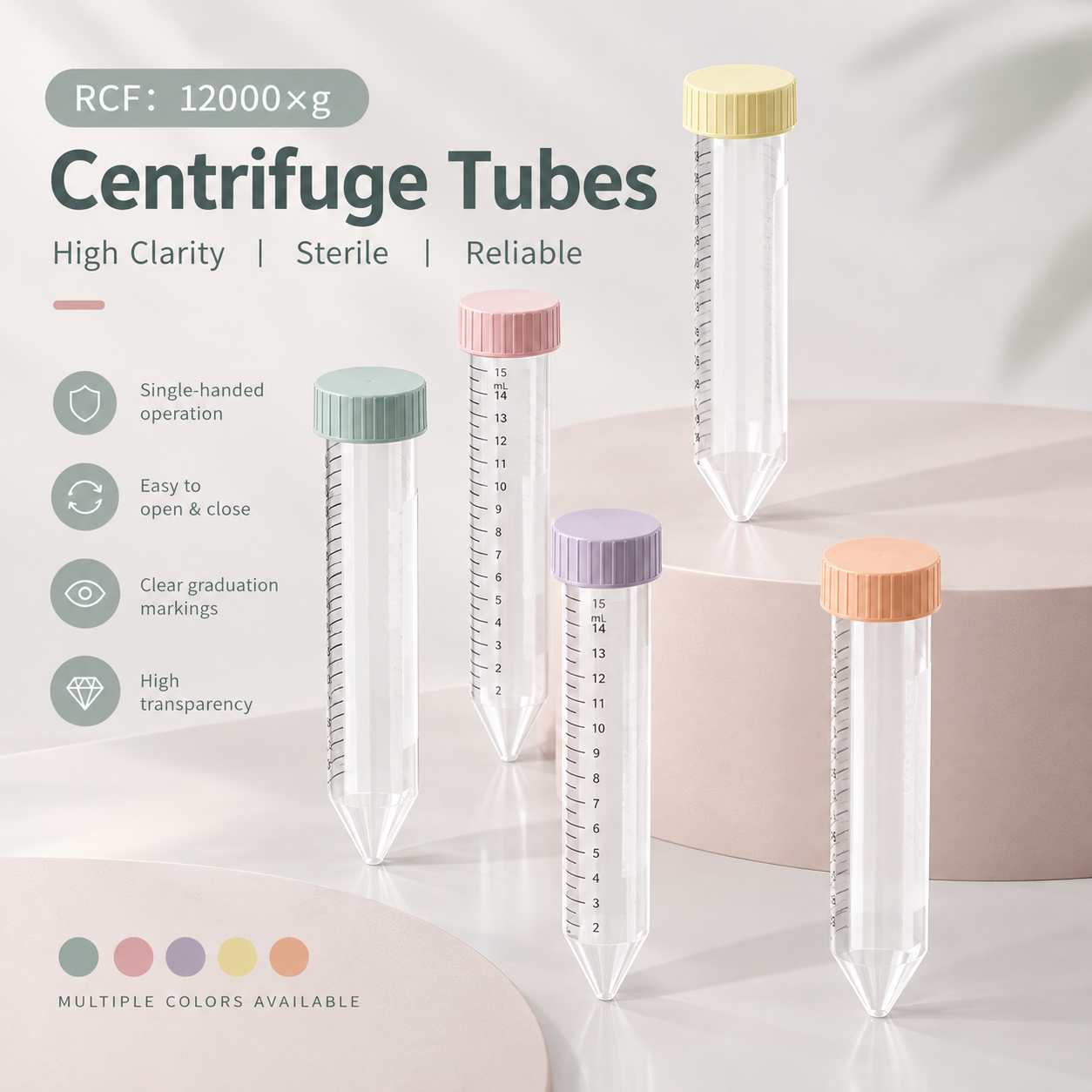 50 mL Colored Centrifuge Tubes, Sterile Polypropylene Laboratory Tubes, Conical Bottom, 12,000 RPM, 5 Colors, 5 Packs × 25 Tubes