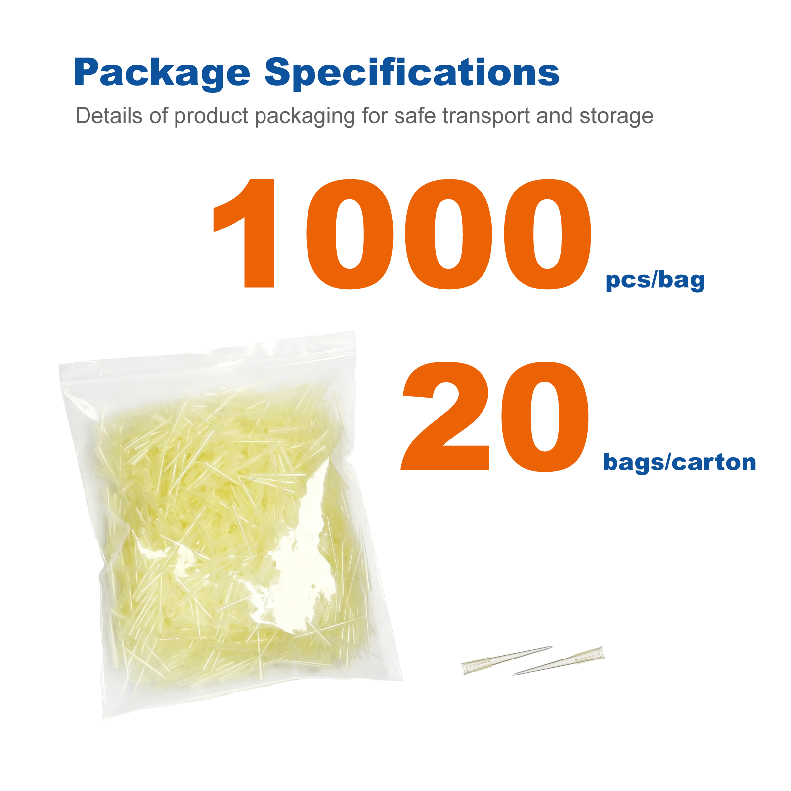 200μL Pipette Tips, Yellow, Bulk Packaging, 1000 Tips per Bag, 20 Bags per Case for PCR and Laboratory Liquid Handling