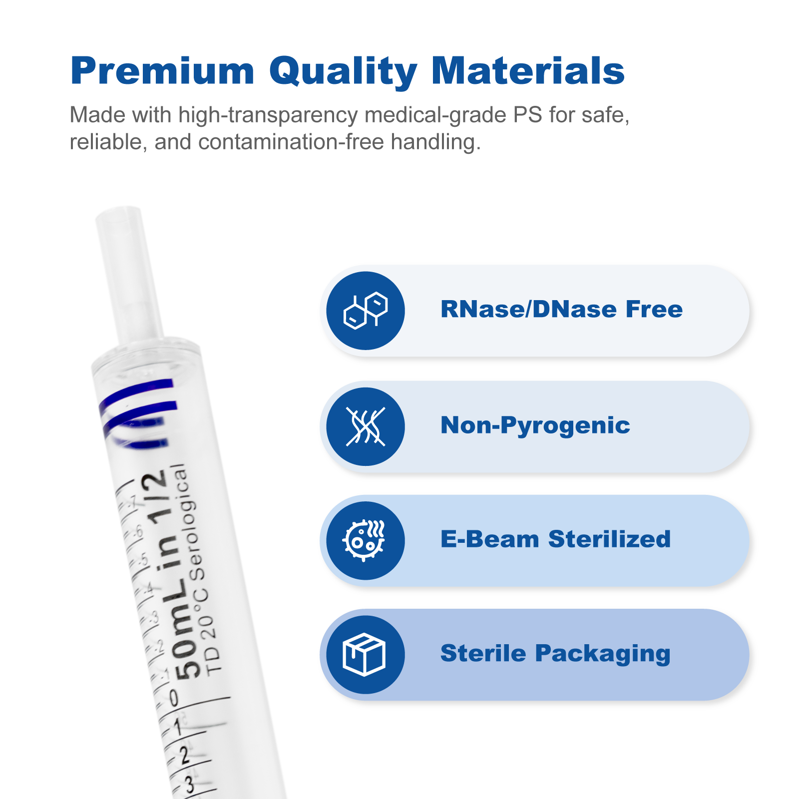 Sterile Serological Pipettes 5mL–50mL | Graduated Polystyrene (PS) Pipettes, DNase RNase Free, Individually Wrapped Lab Consumables