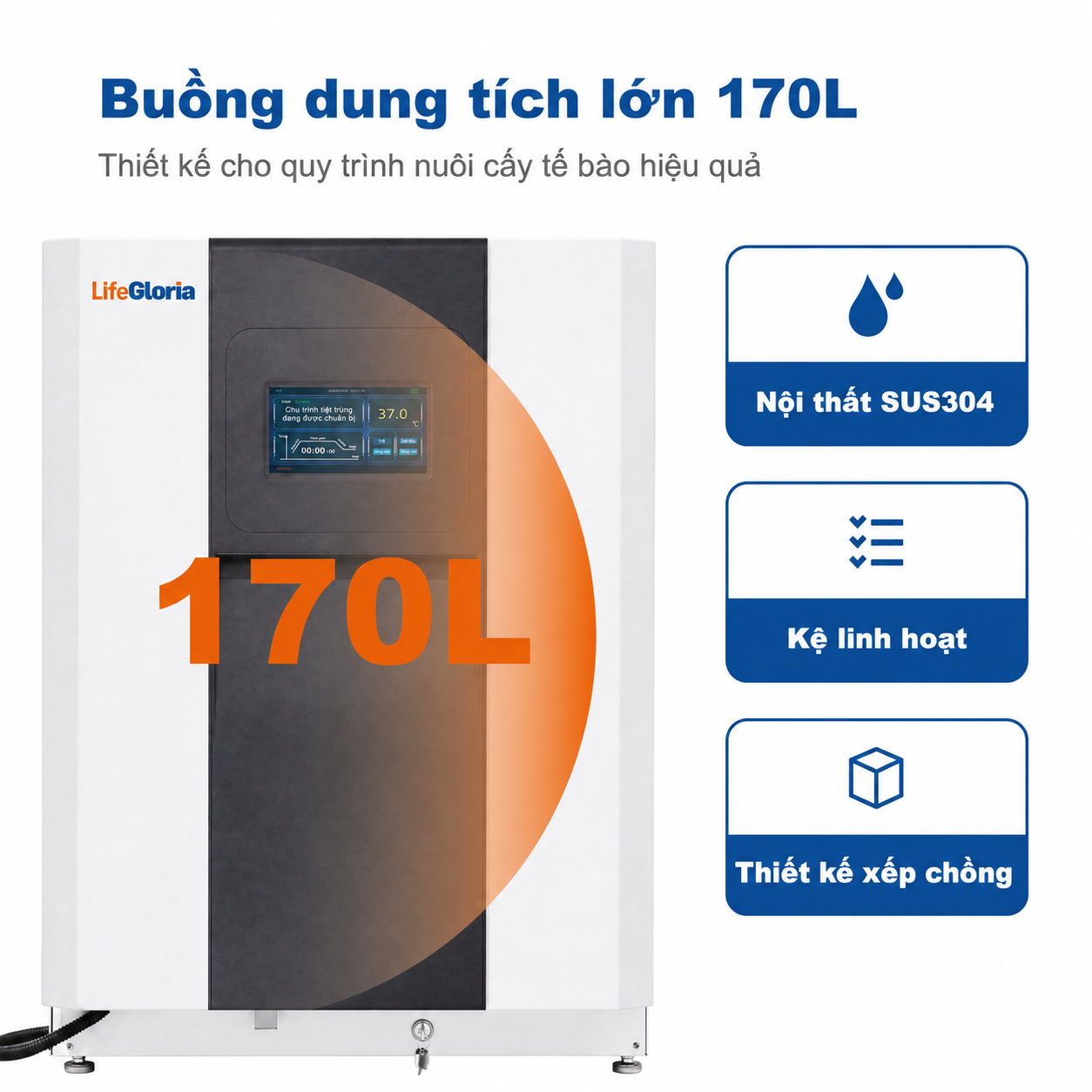 Tủ ấm nuôi cấy tế bào CO2 MCO-170HS 170L | Tiệt trùng nhiệt khô 180°C, khử trùng UV, màn hình cảm ứng 7 inch, tủ ấm CO2 phòng thí nghiệm 220V cho nuôi cấy tế bào, mô và vi khuẩn