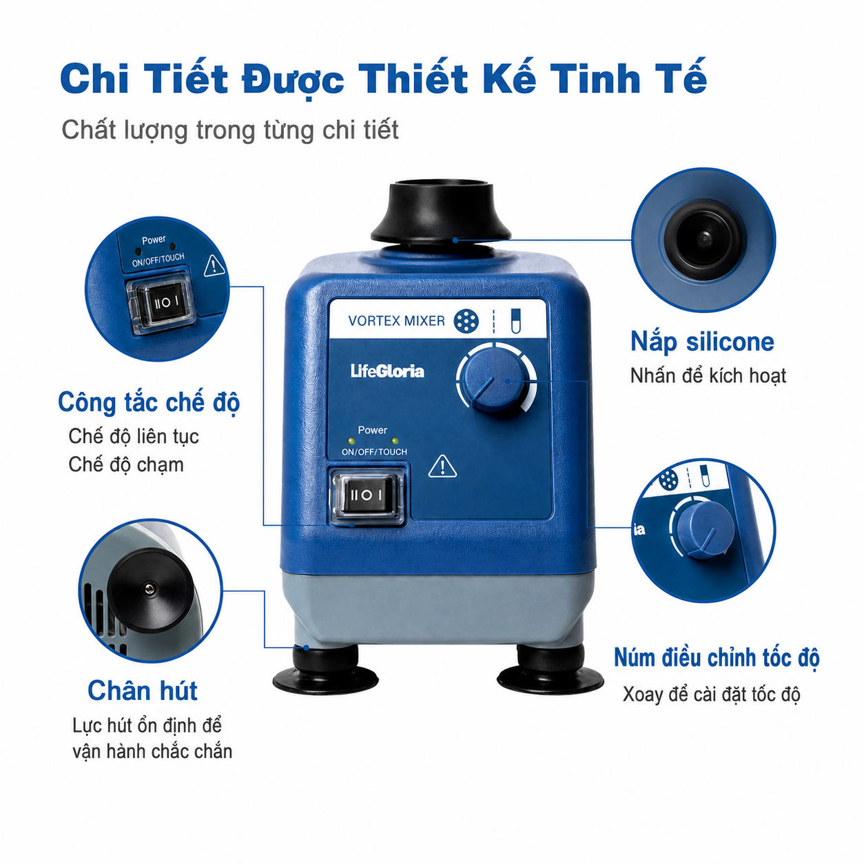 Máy trộn vortex, 0–3000 RPM | Chế độ chạm và liên tục, quỹ đạo 6 mm