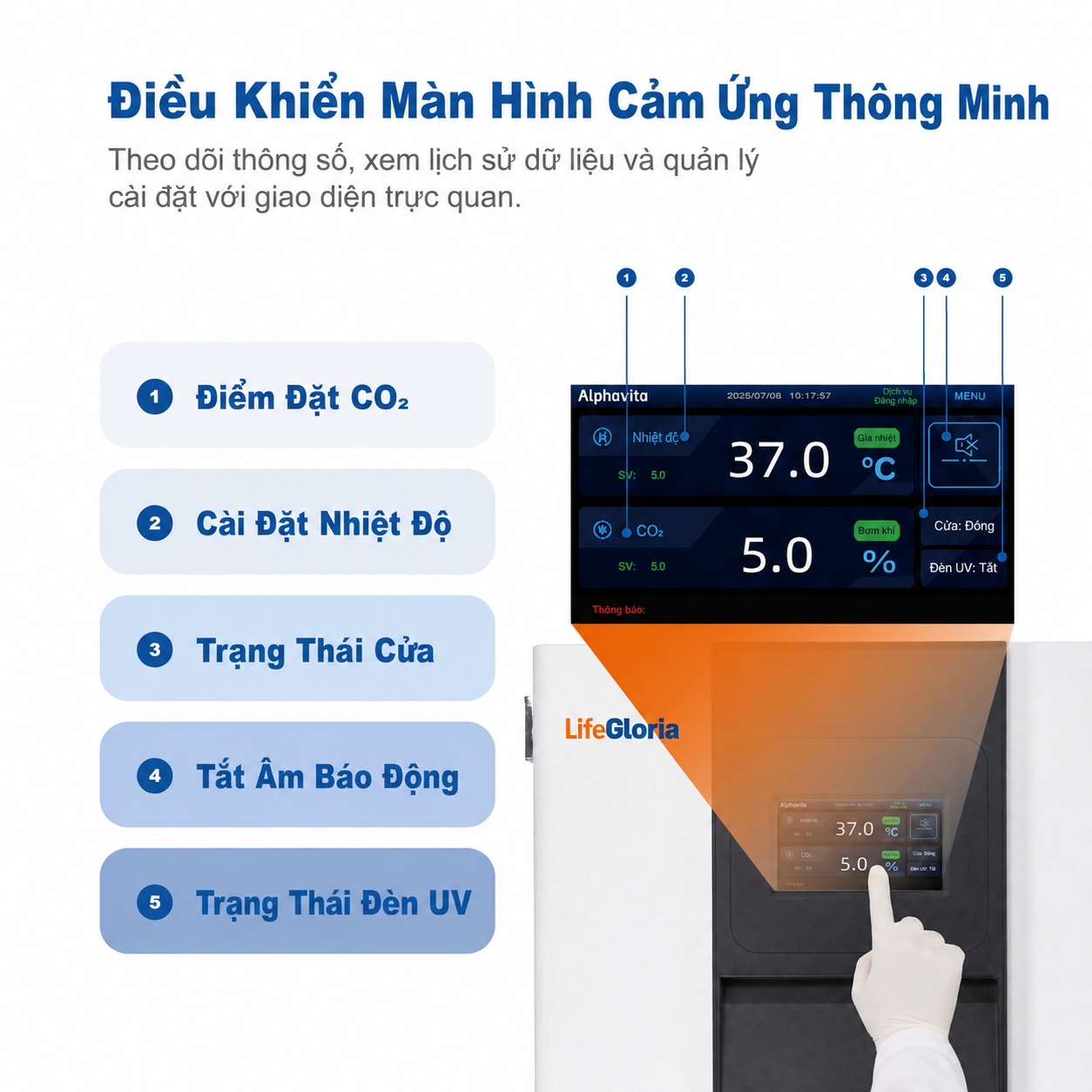 Tủ ấm CO2 170L và 240L với buồng SUS304 | Tủ ấm nuôi cấy tế bào màn hình cảm ứng, kiểm soát chính xác nhiệt độ, CO2 và độ ẩm