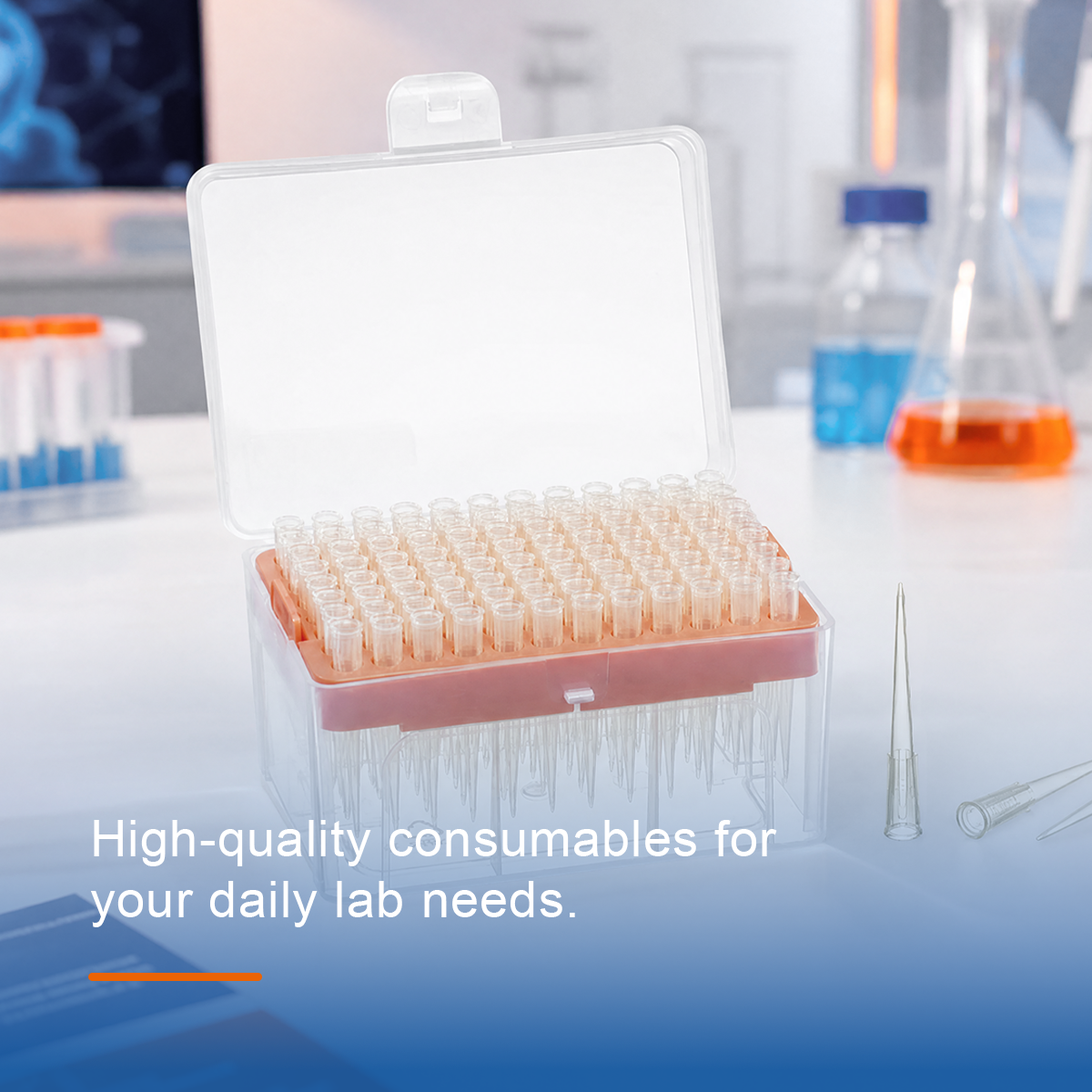 Laboratory consumables including pipette tips, centrifuge tubes, sample tubes, and general lab supplies for life science research and clinical laboratory applications.