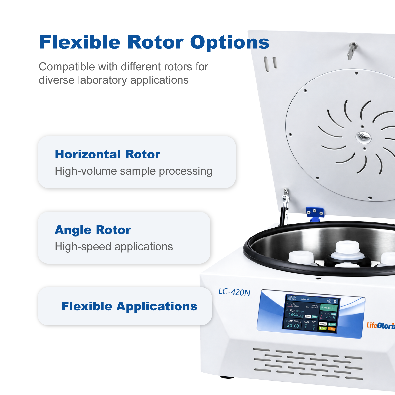 LifeGloria GC-420N Benchtop High Low Speed Ambient Centrifuge 20000RPM Multi Rotor Options Touch Screen Lab Centrifuge for Cell Blood Biopharma Clinical Diagnosis