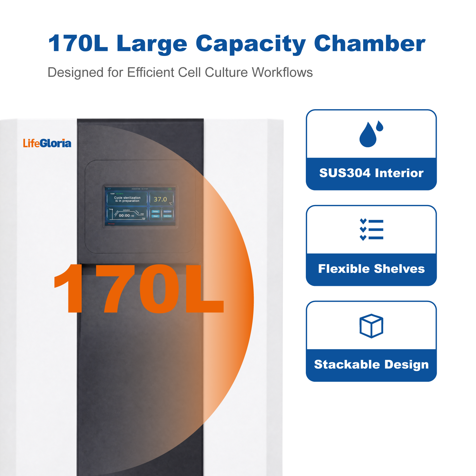 MCO-170HS 170L CO2 Cell Culture Incubator | 180°C Dry Heat Sterilization, UV Disinfection, 7-Inch Touch Screen, 220V Laboratory CO2 Incubator for Cell, Tissue & Bacteria Culture