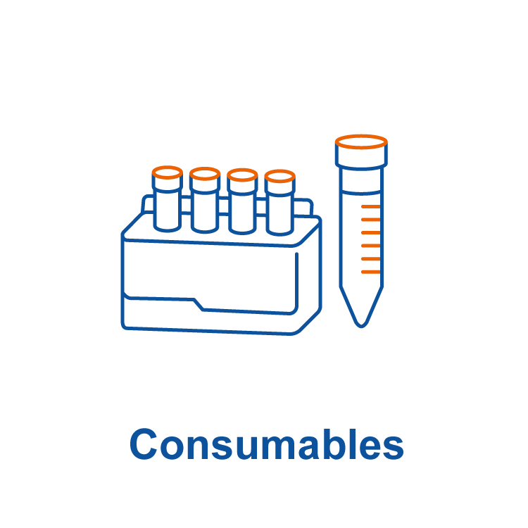 Laboratory consumables icon representing essential lab supplies such as pipette tips, tubes, and sample containers used in life science research and clinical laboratories.