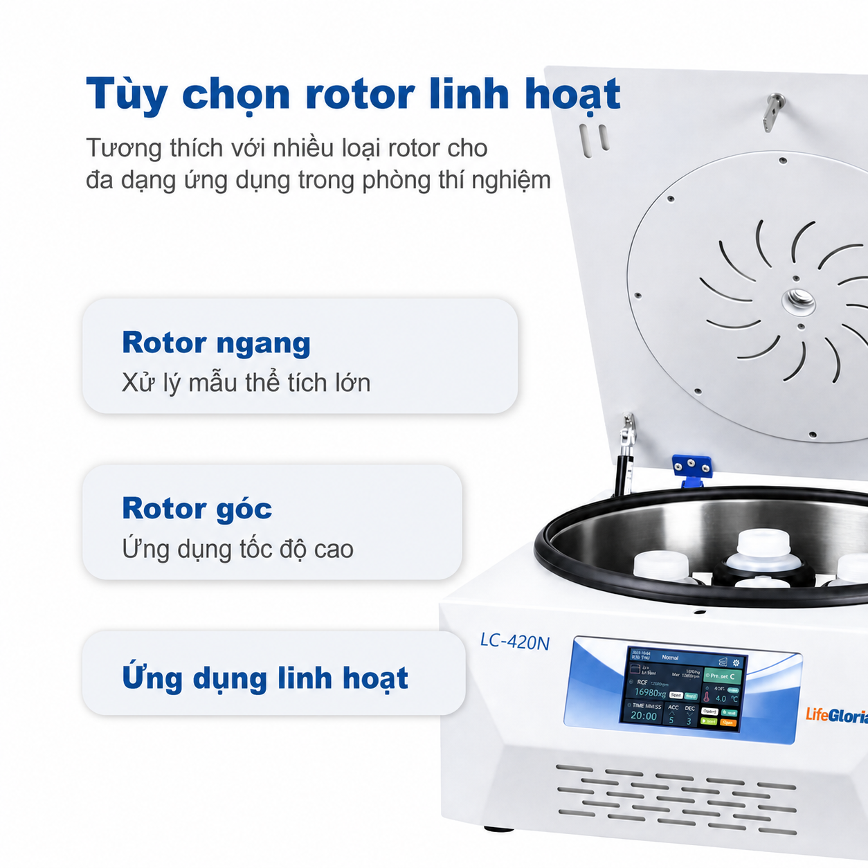 Máy ly tâm để bàn tốc độ cao và thấp không làm lạnh LifeGloria GC-420N 20000RPM, hỗ trợ nhiều loại rotor, màn hình cảm ứng, dùng cho tế bào, máu, dược phẩm sinh học và chẩn đoán lâm sàng