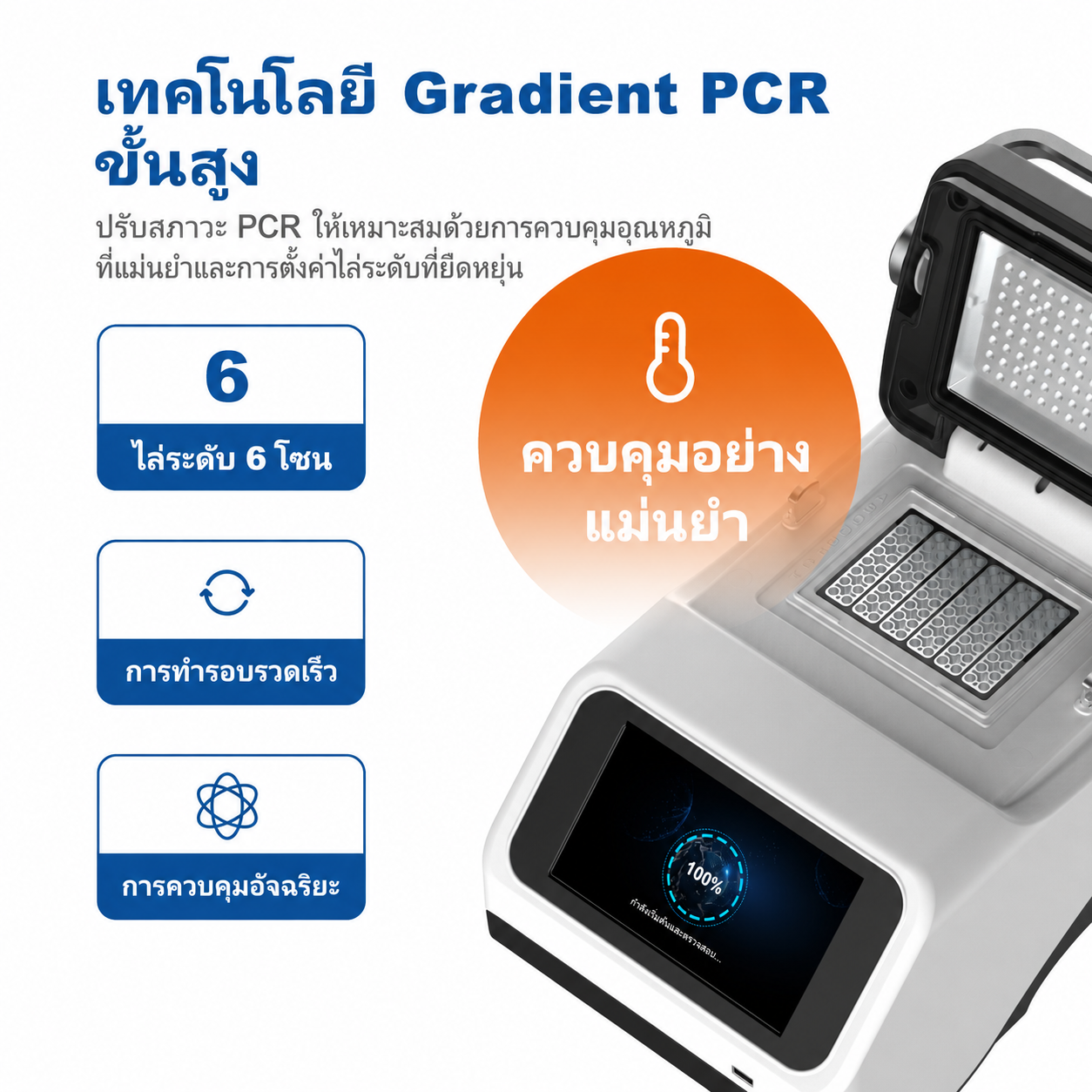 เครื่องเพิ่มปริมาณสารพันธุกรรม PCR แบบเกรเดียนต์หน้าจอสัมผัส 7 นิ้ว | ความแม่นยำอุณหภูมิ ±0.25℃ สำหรับการเพิ่มปริมาณ DNA