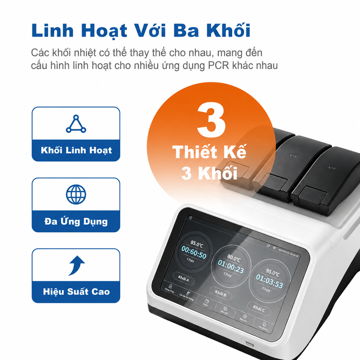 Máy luân nhiệt PCR gradient ba block OptimaFlex | Màn hình cảm ứng 10,1 inch với 3 block gia nhiệt độc lập
