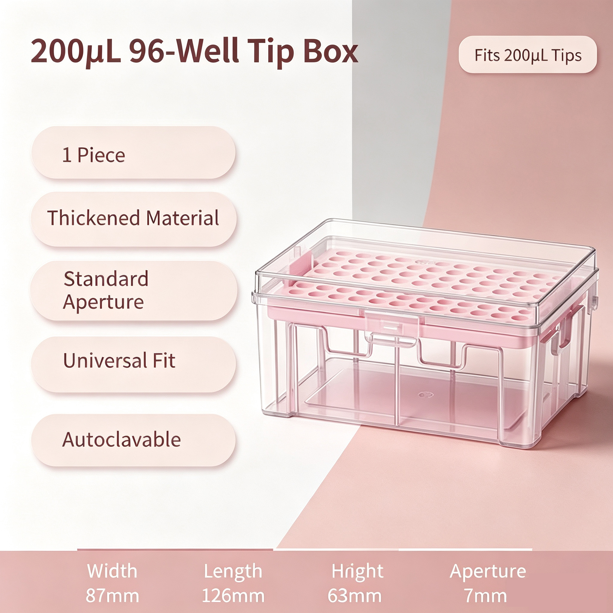 Pink 200 μL Pipette Tip Box, Empty 96-Well Rack for Sterile Pipette Tips