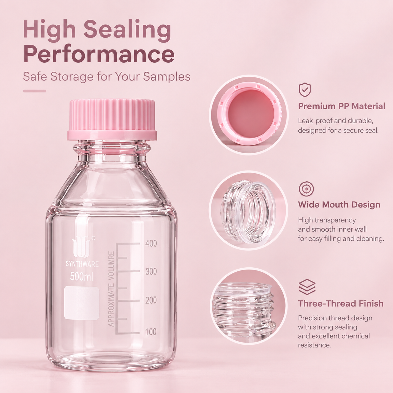 Pink Sterile Media Bottle | Laboratory Reagent Storage Bottle with PP Cap for Cell Culture & Research