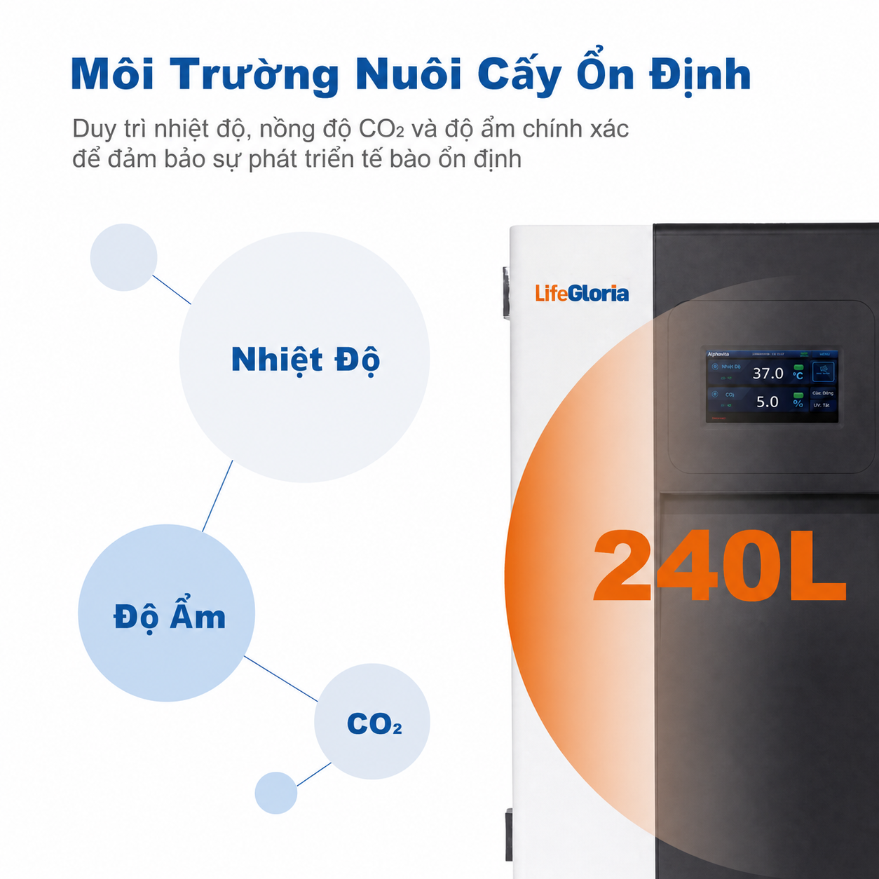 Tủ ấm CO2 170L và 240L với buồng SUS304 | Tủ ấm nuôi cấy tế bào màn hình cảm ứng, kiểm soát chính xác nhiệt độ, CO2 và độ ẩm