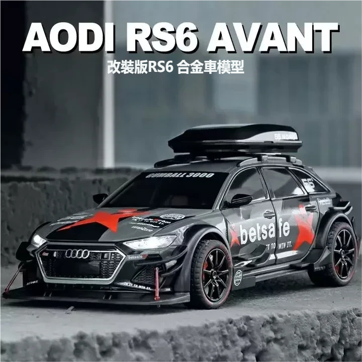 【1:24 ‎Audi-RS6 Avant 】比例1:24奧迪RS6賽道改裝版合金汽車模型 合金材質 車門模擬設計 橡膠材質輪胎 重力按壓開啟車燈