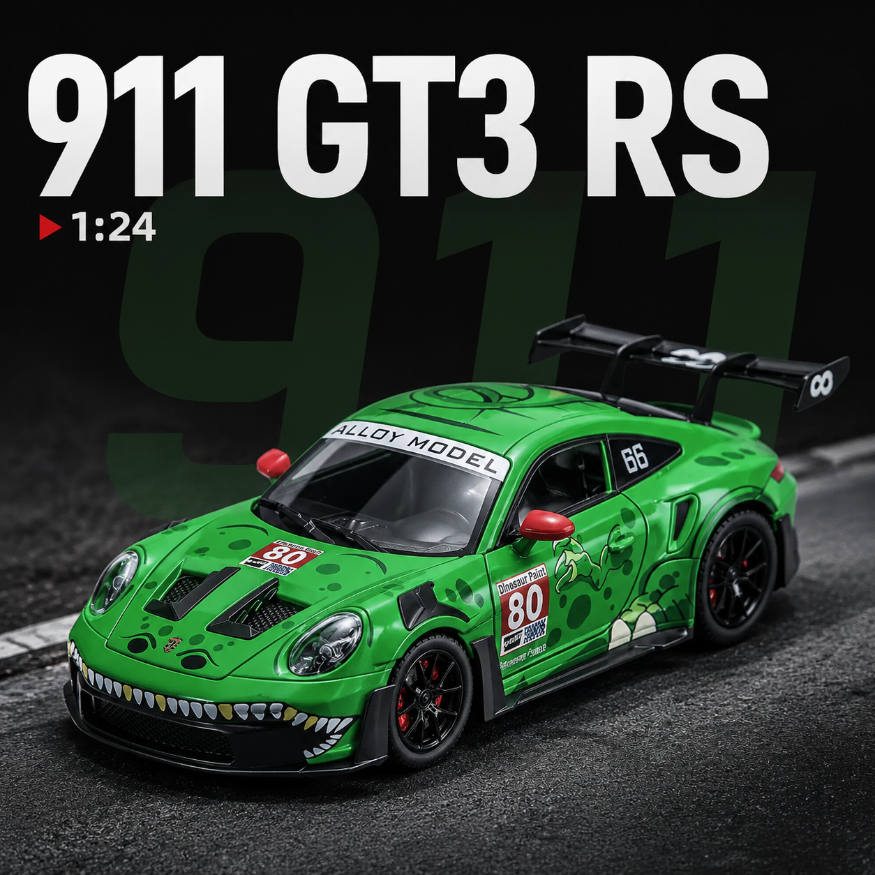 【1/24 ‎Porsche 911 GT3 RS 】比例1/24保时捷911 GT3 RS賽道改裝版合金汽車模型 合金材質 車門模擬設計 橡膠材質輪胎 重力按壓開啟車燈