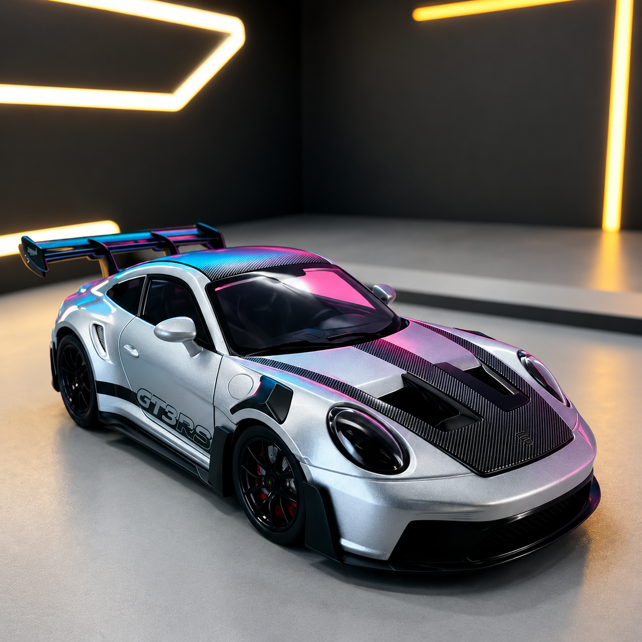 【1/24 ‎Porsche 911 GT3 RS 】比例1/24保时捷911 GT3 RS賽道改裝版合金汽車模型 合金材質 車門模擬設計 橡膠材質輪胎 重力按壓開啟車燈