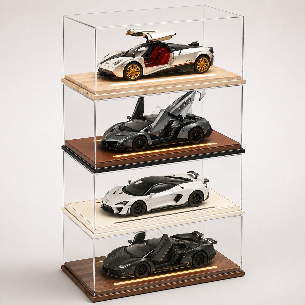 1:18/1:24 極致高透頂奢皮質模型車展示櫃（ 亞克力／防潮防塵／可疊加 / 皮質 / 木材 /）