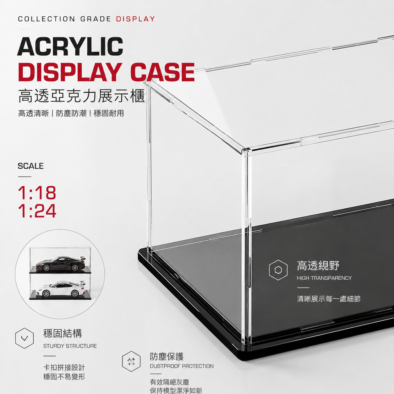 1:18/1:24 極致高透模型車展示櫃（ 亞克力／防潮防塵／可疊加）