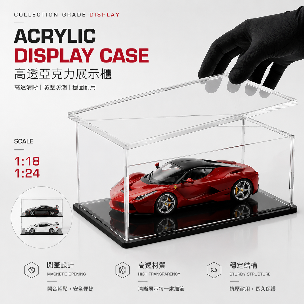 1:18/1:24 極致高透模型車展示櫃（ 亞克力／防潮防塵／可疊加）