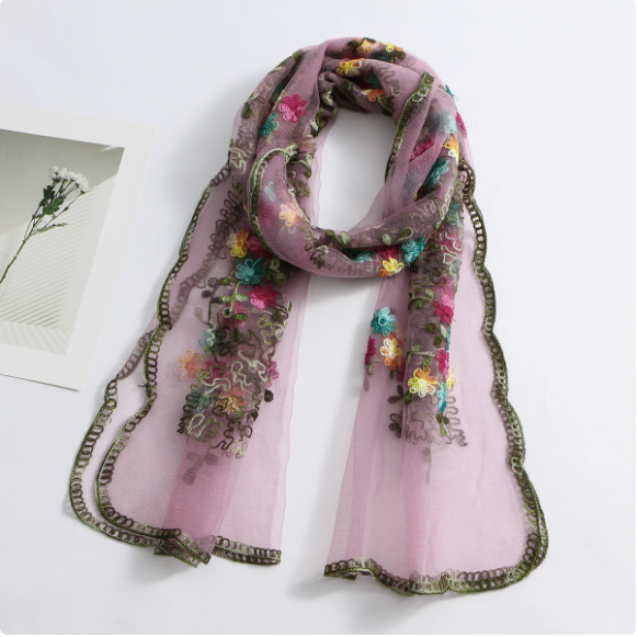 Selendang Chiffon Sulaman Bunga, Tudung Bawal Transparan Corak Bunga, Pelbagai Warna