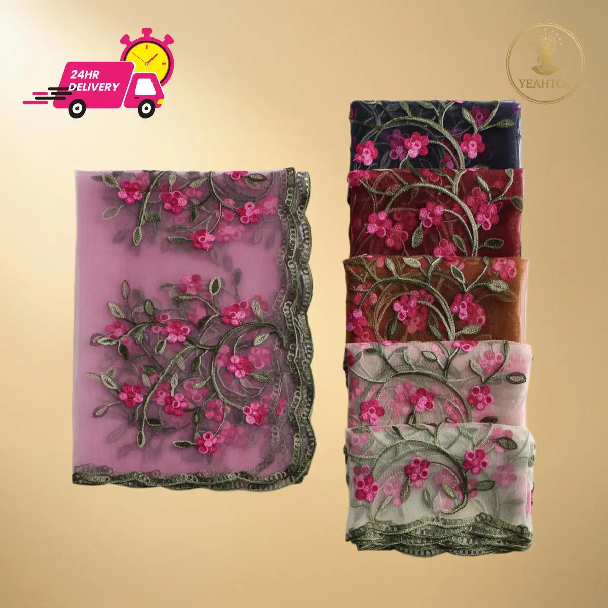 Selendang Chiffon Sulaman Bunga, Tudung Bawal Transparan Corak Bunga, Pelbagai Warna