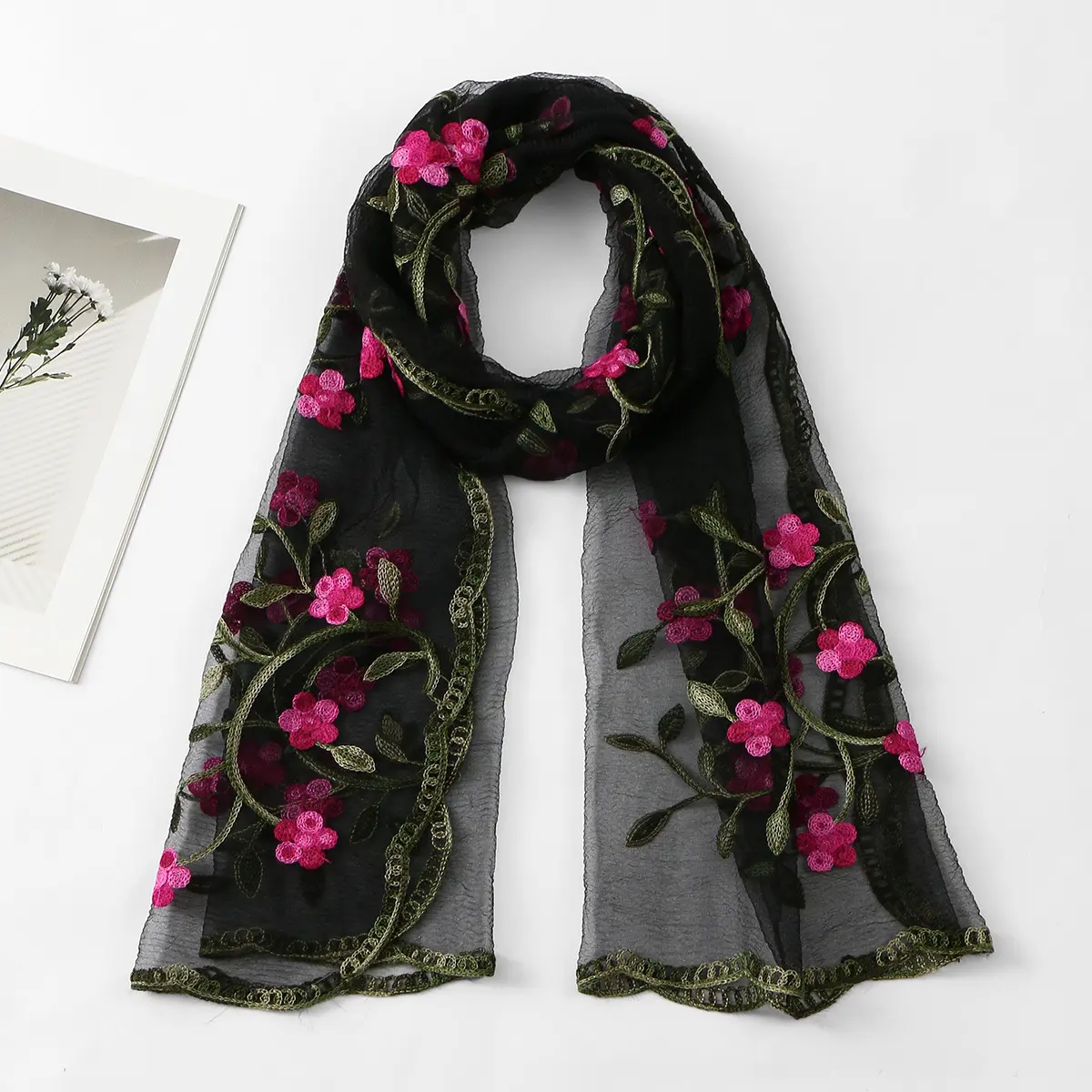 Selendang Chiffon Sulaman Bunga, Tudung Bawal Transparan Corak Bunga, Pelbagai Warna