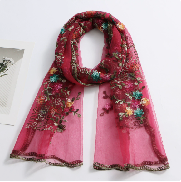 Selendang Chiffon Sulaman Bunga, Tudung Bawal Transparan Corak Bunga, Pelbagai Warna