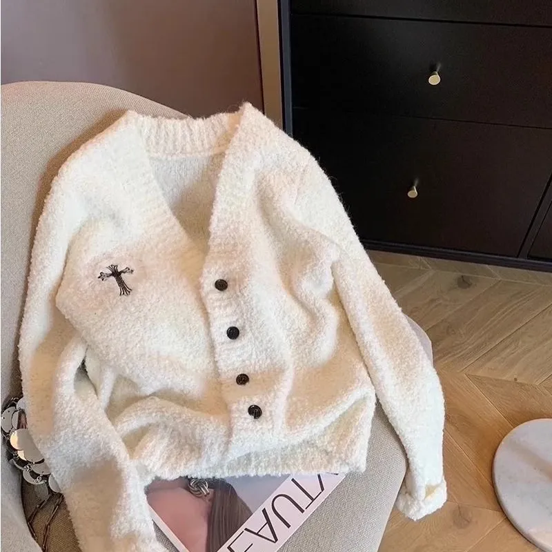 『S-2XL』ホワイト刺繍セーターカーディガンレディース秋冬ニットコート