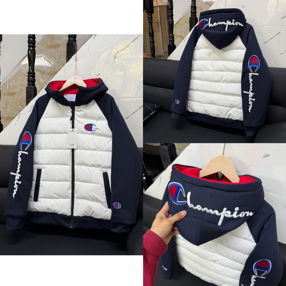 『S-4XL』冬用フード付きファッション刺繍入りコットンパッド入りジャケット（男女兼用）、パッチワークコート