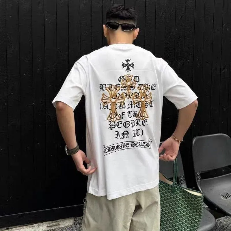 『S-XL』トレンディな刺繍プリント入りピュアコットン半袖メンズTシャツ
