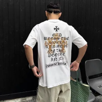 『S-XL』トレンディな刺繍プリント入りピュアコットン半袖メンズTシャツ