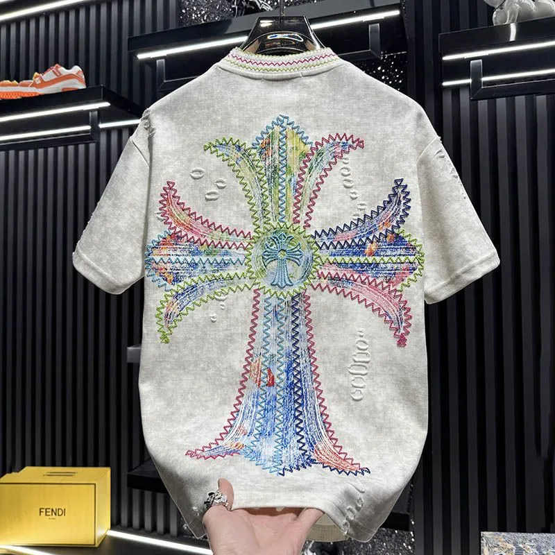 『M-4XL』新作 夏物 刺繍入り ダメージ加工 半袖メンズTシャツ
