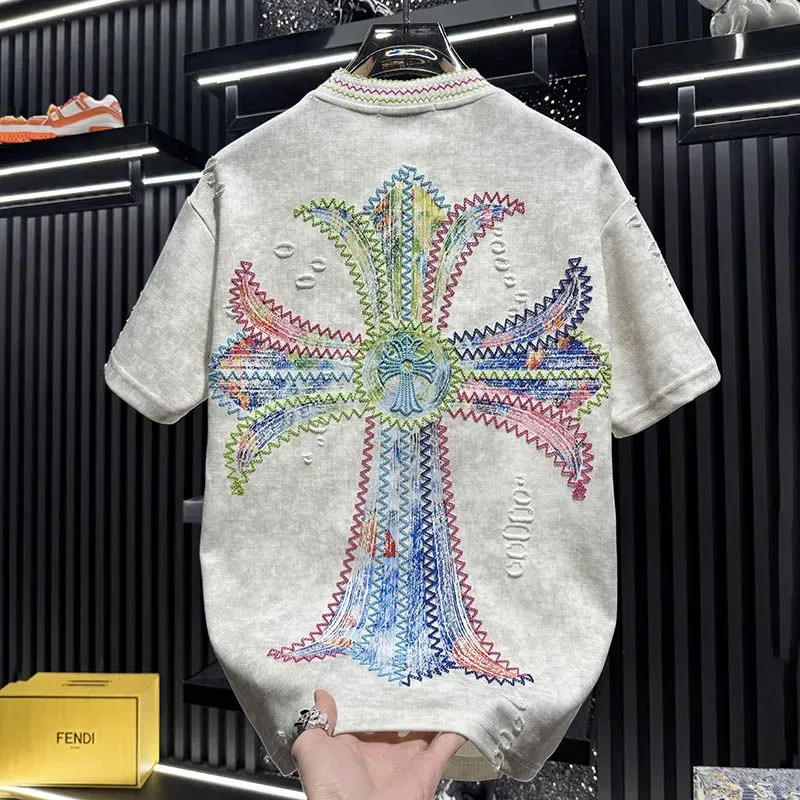 『M-4XL』新作 夏物 刺繍入り ダメージ加工 半袖メンズTシャツ