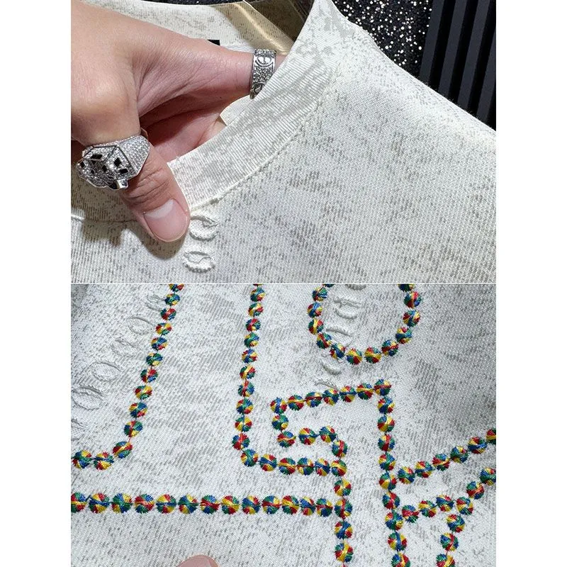 『M-3XL』メンズ高級刺繍入りクルーネック半袖Tシャツ