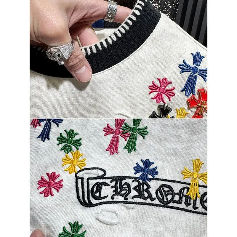 『M-3XL』新作 夏物 刺繍入り ダメージ加工 半袖メンズTシャツ