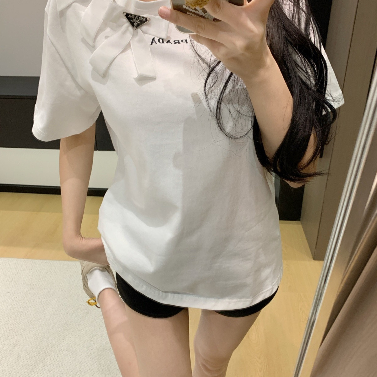 『S-L』春夏人気商品 ベルベットリボン付き半袖クルーネックTシャツ