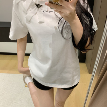 『S-L』春夏人気商品 ベルベットリボン付き半袖クルーネックTシャツ