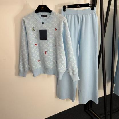 『S-2XL』2025新しいスタイルの気質刺繍文字ジャカード長袖ニッチニットスーツワイドレッグパンツツーピーススーツ