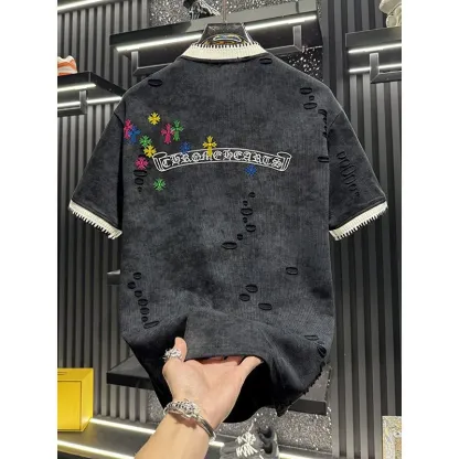 『M-3XL』新作 夏物 刺繍入り ダメージ加工 半袖メンズTシャツ