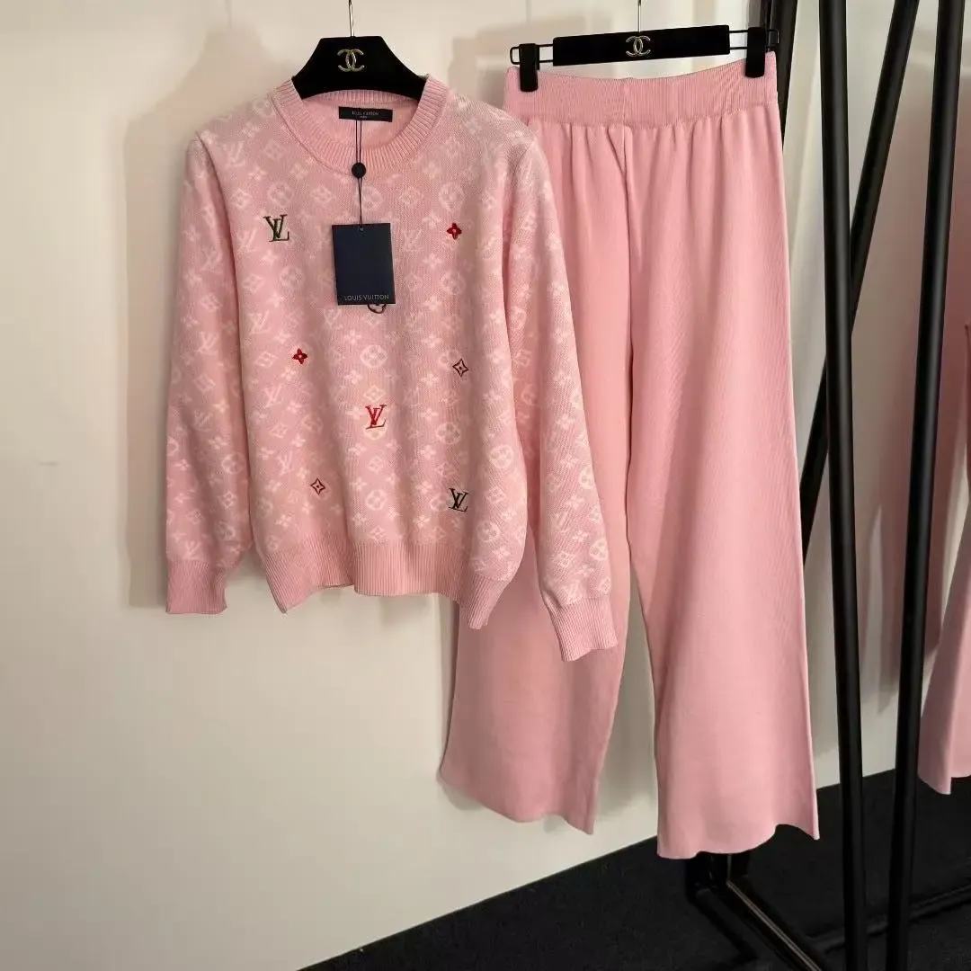 『S-2XL』2025新しいスタイルの気質刺繍文字ジャカード長袖ニッチニットスーツワイドレッグパンツツーピーススーツ
