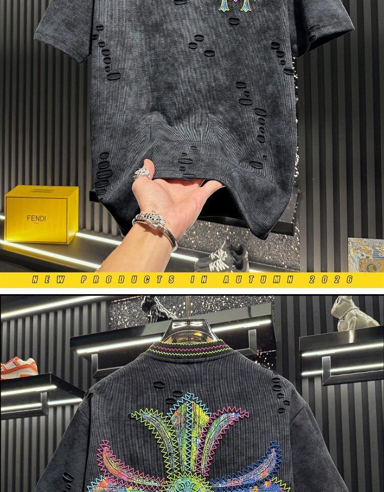 『M-4XL』新作 夏物 刺繍入り ダメージ加工 半袖メンズTシャツ