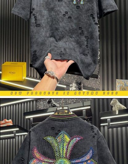 『M-4XL』新作 夏物 刺繍入り ダメージ加工 半袖メンズTシャツ
